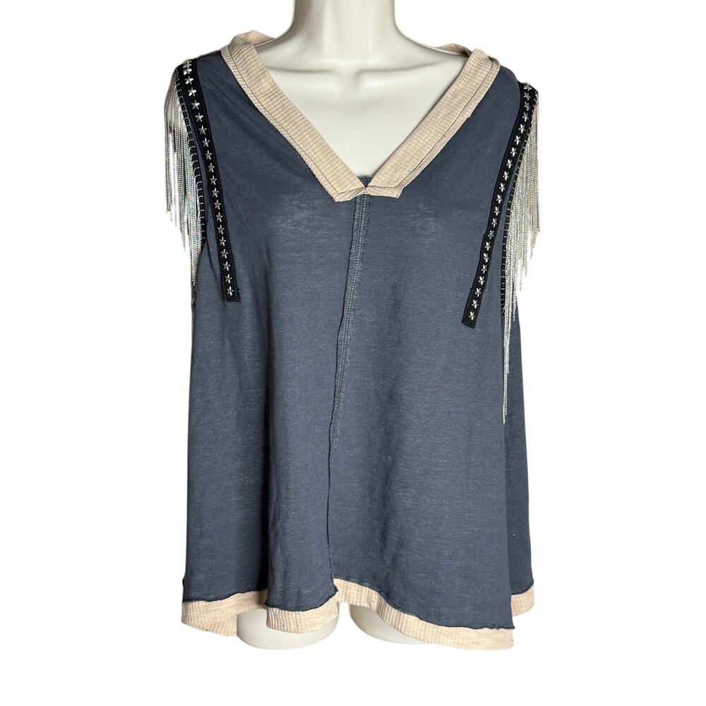 POL Gray Tan Metal Fringe Star Trim Sleeveless Top M NWOT
